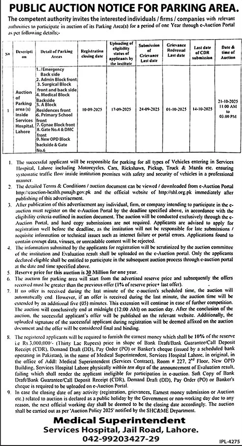 Services Hospital Lahore Tender Notice